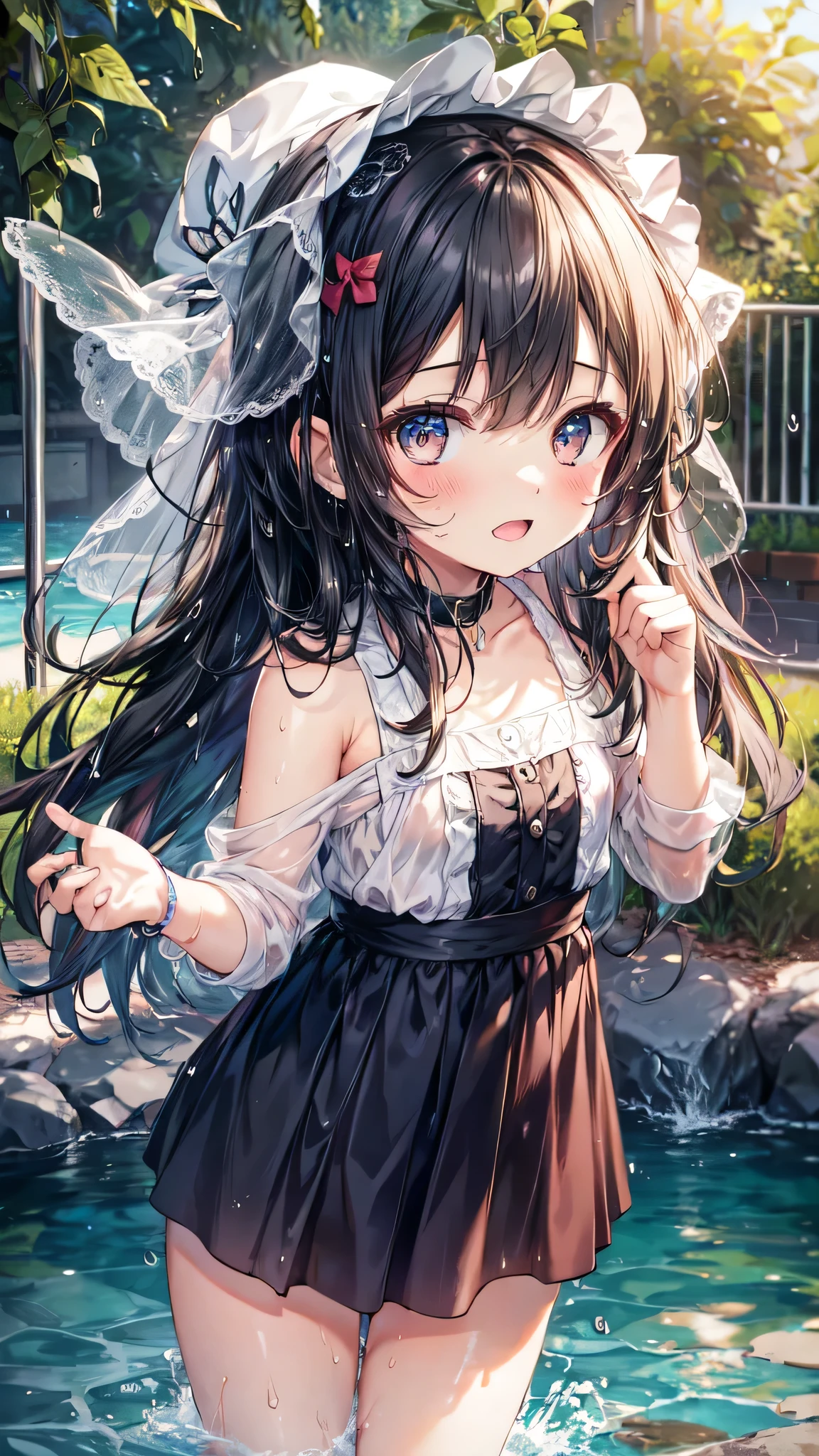 (Ultra-high resolution of the highest quality, masutepiece, Best Quality, 8K, Super Detail, Best Quality:1.3), (Anatomically correct:1.3), (1 Little Girl), (Child), (Loli), (infant), (Small body), (flat chest), (elementary school student), short black wavy hair, white camisole, playing in Park Fountain, funny smile, (wet:1.6), (sexual aroused:1.2)