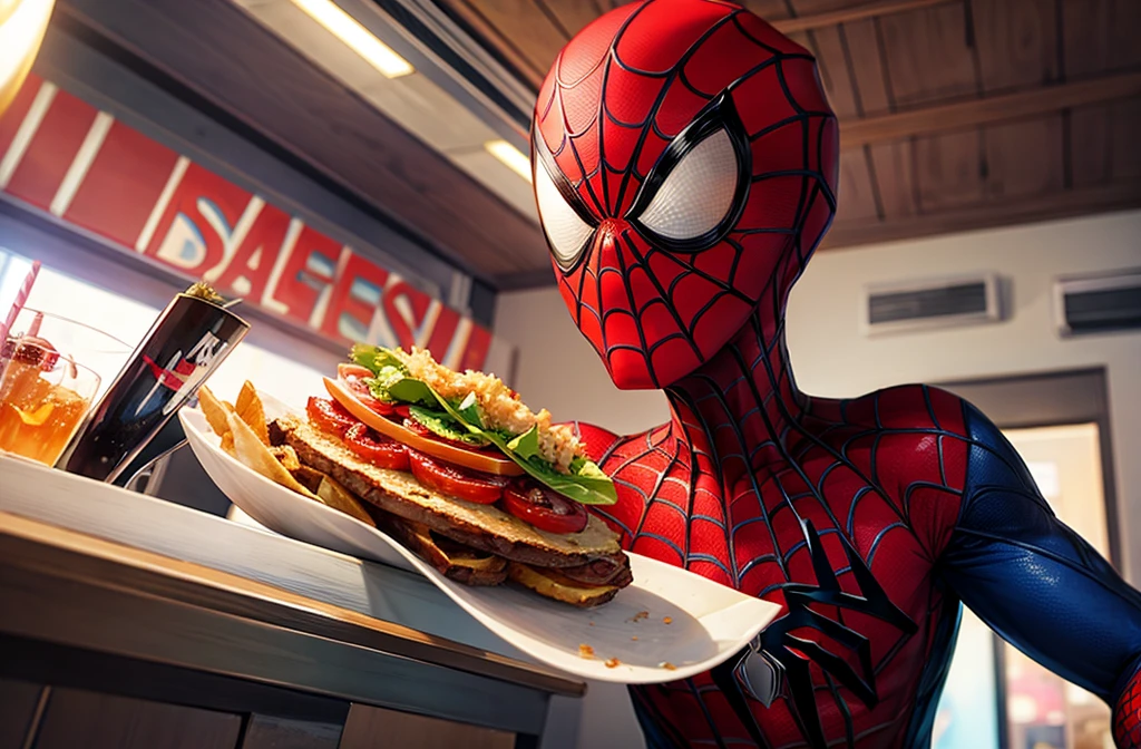 Ultra realistic,8k,spider man,fat,eating,hamburger