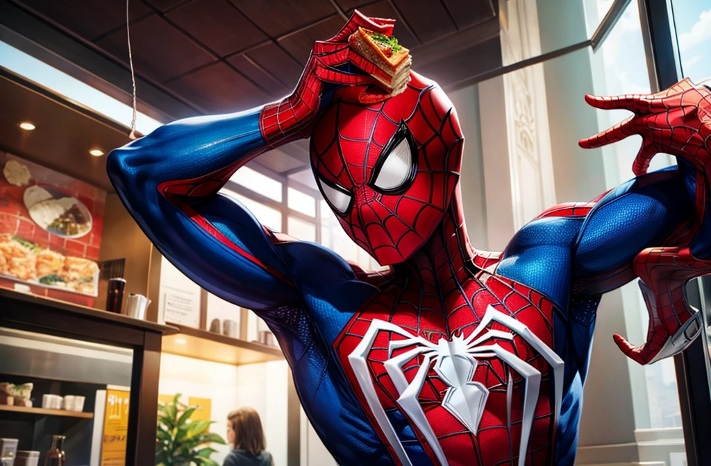 Spiderman having lunch