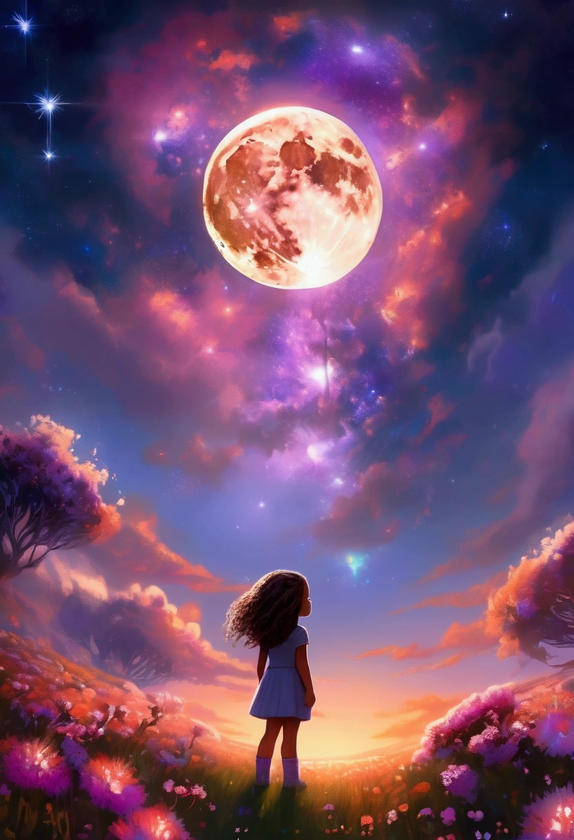 Expansive landscape photograph, (view from below with a view of the sky and wilderness below), little girl standing in a flower field looking up, (full moon: 1.2), (shooting star: 0.9), (nebula: 1.3), distant mountain, tree break production art, (warm light source: 1.2), (firefly: 1.2), lamp, purple and orange, intricate detail, volume lighting, realism break (masterpiece: 1.2) (Best Quality), 4K, Ultra-Detailed, (Dynamic Configuration: 1.4), Highly Detailed and Colorful Details, (Iridescent Colors: 1.2), (Glowing Lighting, Atmospheric Lighting), Dreamy, Magical, (Solo: 1.2)