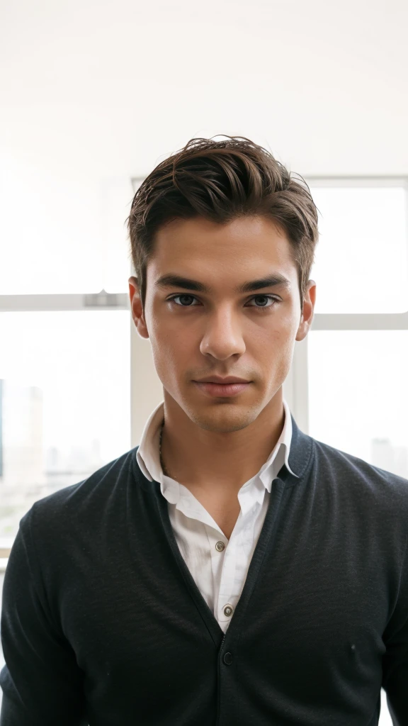 young businessman, proportional body, epic model, director's desk background, casual executive clothes, standing pose