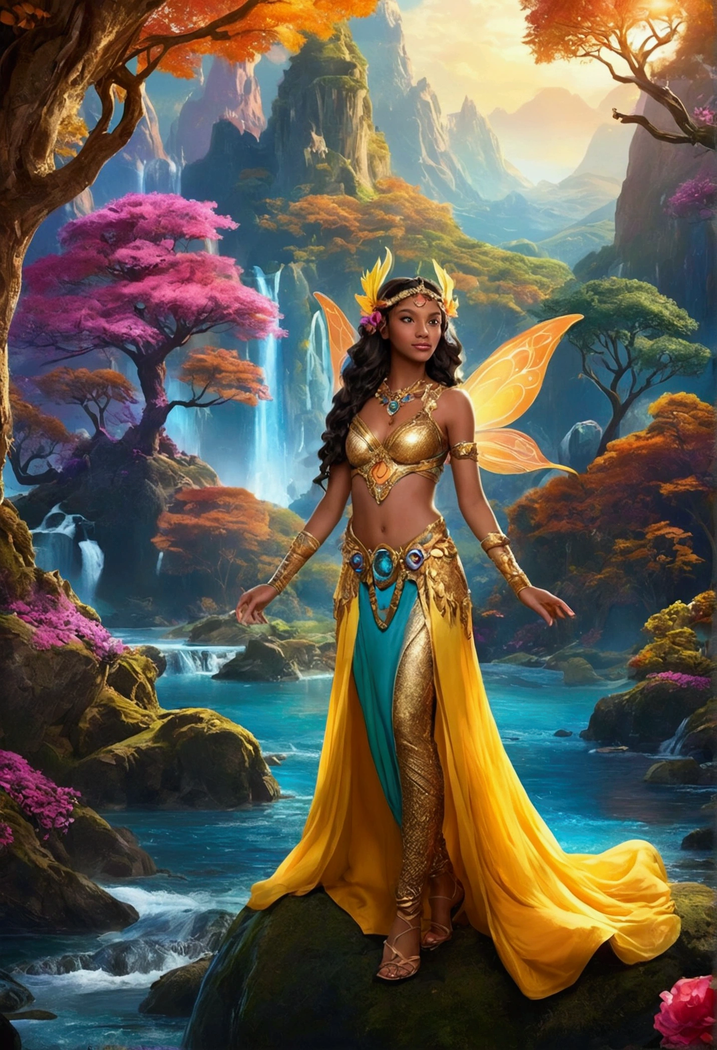 "Design a character in a vibrant and colorful fantasy world. The character must be centered in a stunning setting, with hyper-colorful landscapes in the background, including multicolored mountains, sparkling rivers and trees of exotic tones. Dress the character in detailed costume clothing, adorned with magical elements, like shiny stones and iridescent fabrics. The character's expression should convey wonder and admiration, as she interacts with the magical environment around her. Add fantastic creatures, like luminous fairies or mythical animals, to further enrich the scene."