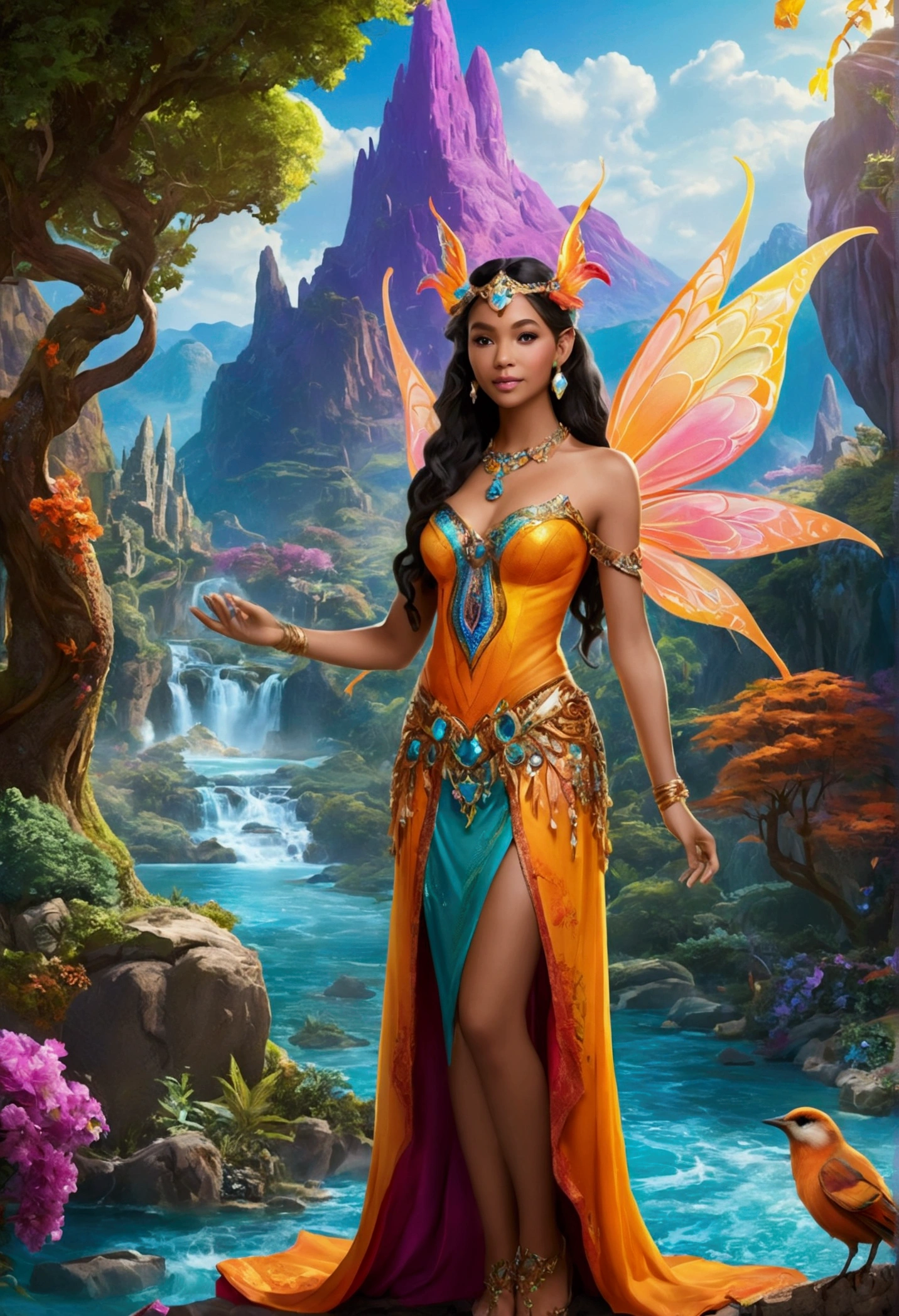 "Design a character in a vibrant and colorful fantasy world. The character must be centered in a stunning setting, with hyper-colorful landscapes in the background, including multicolored mountains, sparkling rivers and trees of exotic tones. Dress the character in detailed costume clothing, adorned with magical elements, like shiny stones and iridescent fabrics. The character&#39;s expression should convey wonder and admiration, as she interacts with the magical environment around her. Add fantastic creatures, like luminous fairies or mythical animals, to further enrich the scene."