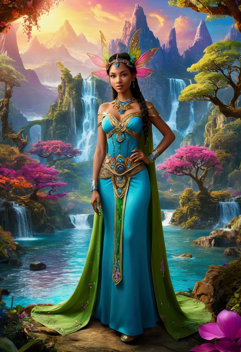 "Design a character in a vibrant and colorful fantasy world. The character must be centered in a stunning setting, with hyper-colorful landscapes in the background, including multicolored mountains, sparkling rivers and trees of exotic tones. Dress the character in detailed costume clothing, adorned with magical elements, like shiny stones and iridescent fabrics. The character&#39;s expression should convey wonder and admiration, as she interacts with the magical environment around her. Add fantastic creatures, like luminous fairies or mythical animals, to further enrich the scene."