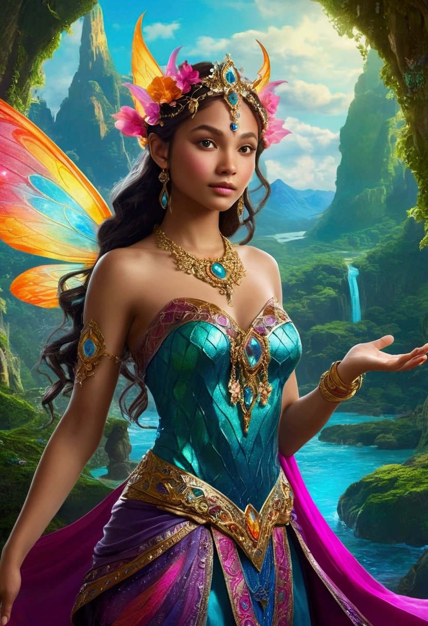 "Design a character in a vibrant and colorful fantasy world. The character must be centered in a stunning setting, with hyper-colorful landscapes in the background, including multicolored mountains, sparkling rivers and trees of exotic tones. Dress the character in detailed costume clothing, adorned with magical elements, like shiny stones and iridescent fabrics. The character&#39;s expression should convey wonder and admiration, as she interacts with the magical environment around her. Add fantastic creatures, like luminous fairies or mythical animals, to further enrich the scene."