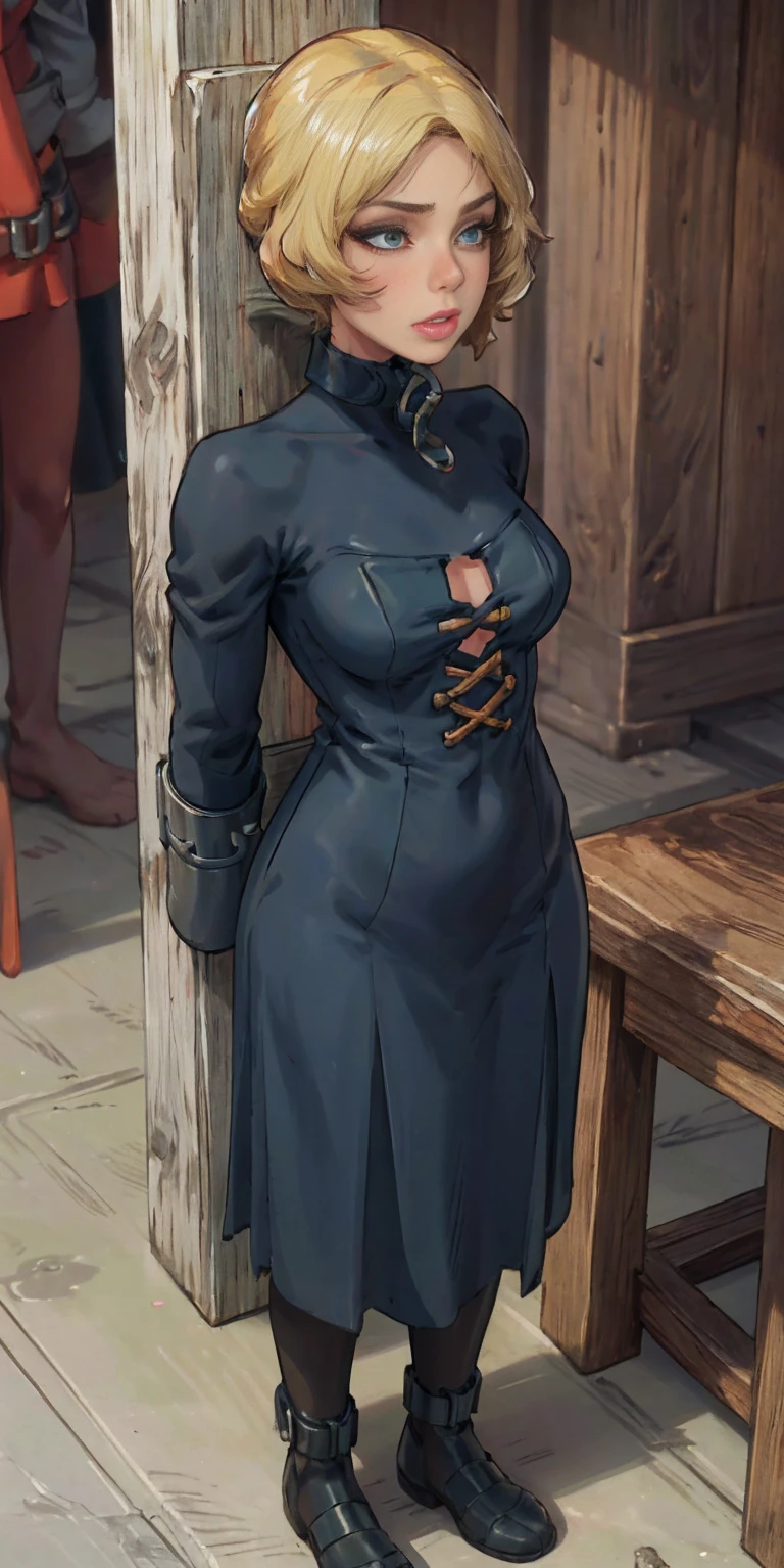 (Masterpiece, best quality, intricate details, 1sologirl) iron collar, arms behind back, iron cuffs, shackles, bound ((standing by wooden pole:1.2)) looking from above happy closed mouth