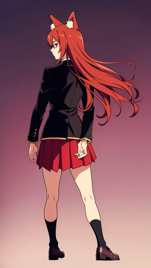 1girl ,20s,mature female,serious face,solo,red hair,red eyes,long hair,fox ears,hair between eyes,(simple background),necktie,black jacket, blazer,long sleeves,pleated skirt,full body,from back,(looking back),walking,looking at view