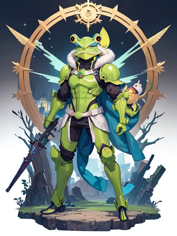 Anthropomorphized anime characters、Frog standing on two legs、Frog in armor、Fantasy、