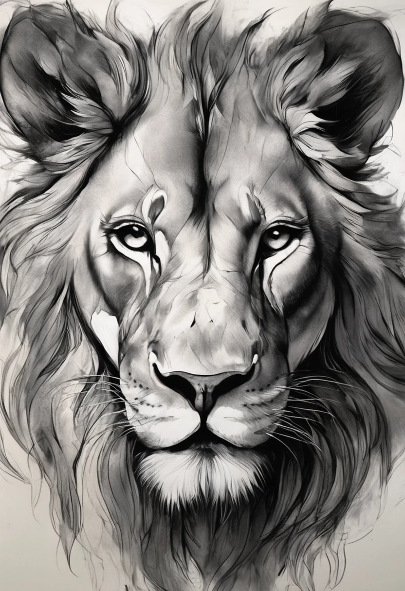 (best qualityer, high resolution, work of art:1.2), ultra detali, realisitic:1.37, black ink sketches, smooth lines, Facial expressions and expressive postures, minimalistic background, emphasis on light and shadow and spatial perception, space negativo abundante, Lion .ink portrait,Smooth, fluid lines,expressive facial features,Delicate emotions,paint intensity contrast,simple background,emphasis on light and shadow,space,space negativo abundante,tranquil atmosphere,serene atmosphere,dreamy mood,subtle details, but captivating,subdued colors,Calm and introspective,funny posture,smooth movements,tender and innocent,whisper of elegance,quiet elegance,radiant glow,sublime beauty,vector illustration,black andwhite,Natural & Organic,Nourish and soothe,sublime simplicity,Ethereal Charm.