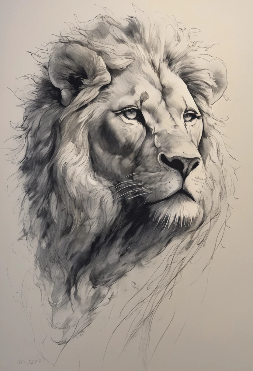 (best qualityer, high resolution, work of art:1.2), ultra detali, realisitic:1.37, black ink sketches, smooth lines, Facial expressions and expressive postures, minimalistic background, emphasis on light and shadow and spatial perception, space negativo abundante, Lion .ink portrait,Smooth, fluid lines,expressive facial features,Delicate emotions,paint intensity contrast,simple background,emphasis on light and shadow,space,space negativo abundante,tranquil atmosphere,serene atmosphere,dreamy mood,subtle details, but captivating,subdued colors,Calm and introspective,funny posture,smooth movements,tender and innocent,whisper of elegance,quiet elegance,radiant glow,sublime beauty,vector illustration,black andwhite,Natural & Organic,Nourish and soothe,sublime simplicity,Ethereal Charm.