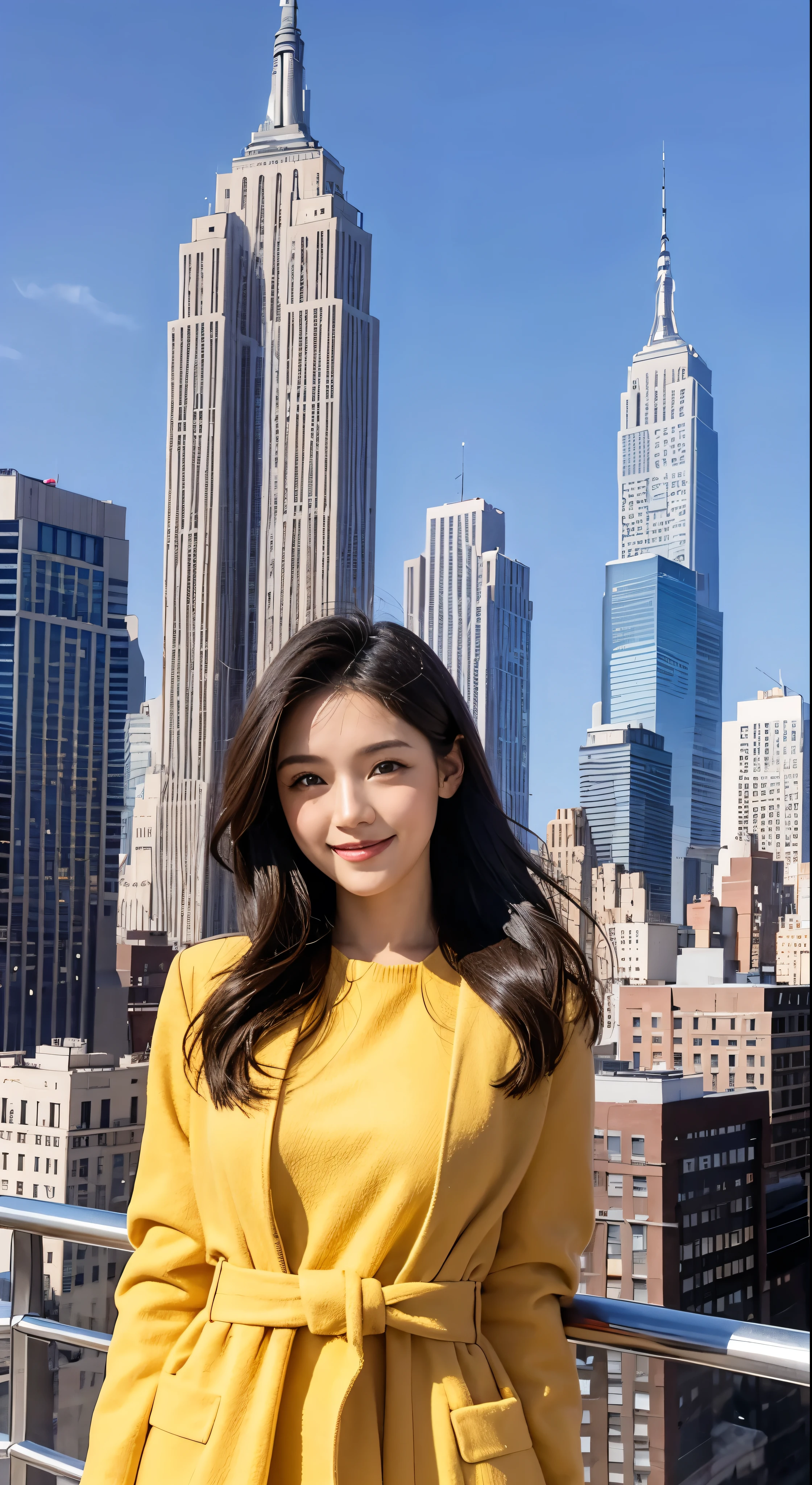 with high definition images，View of the Statue of Liberty in New York from the rooftop，Beautiful woman smiling and looking at camera，Beautiful woman in a white coat and red dress（Full body high quality images）A sunny, cloudless day，Facial details