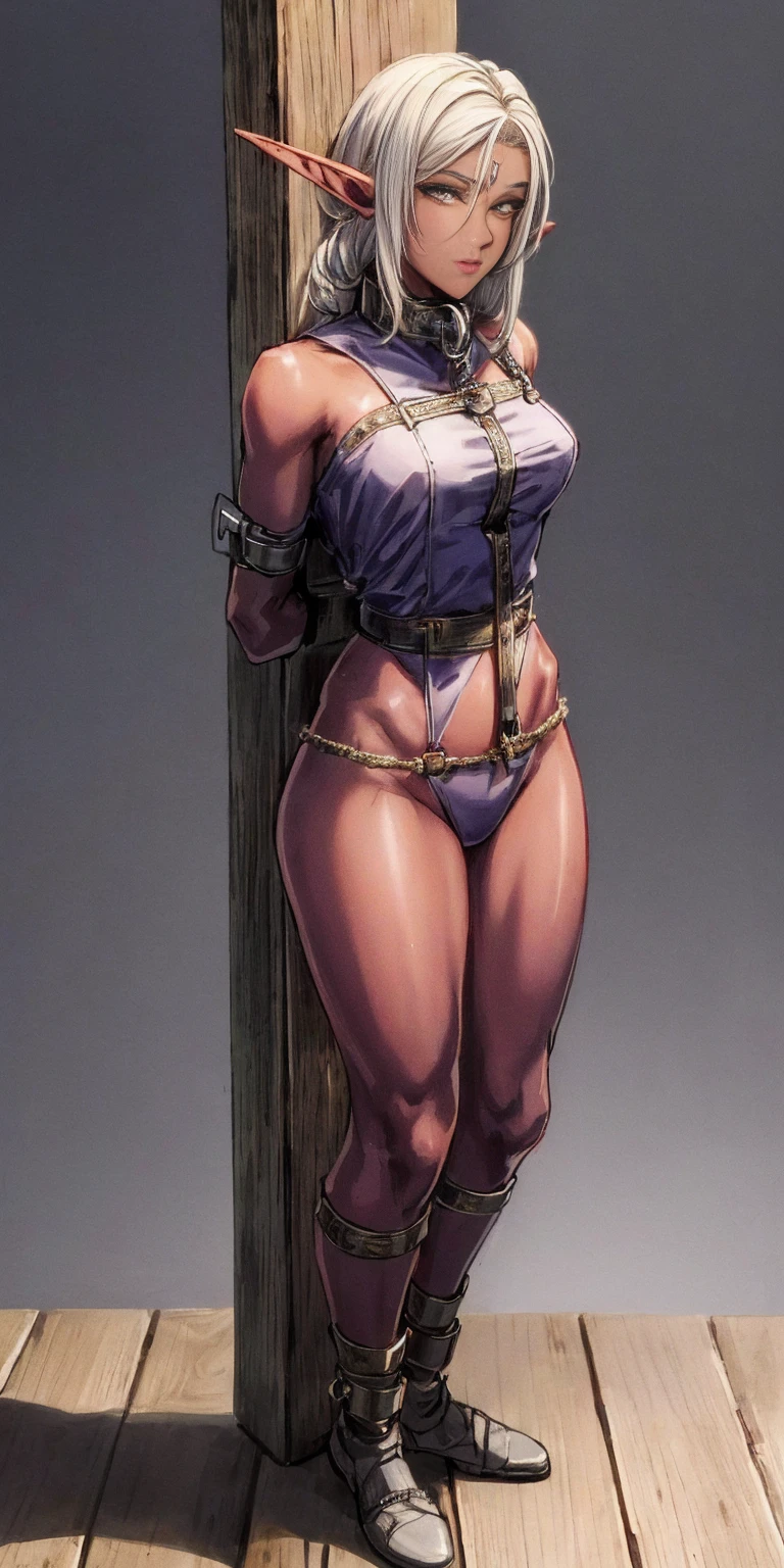 (Masterpiece, best quality, intricate details, 1sologirl) iron collar, arms behind back, iron cuffs, shackles, bound ((standing by wooden pole:1.2)) looking from above happy closed mouth ((Pirotes Dark elf skin))