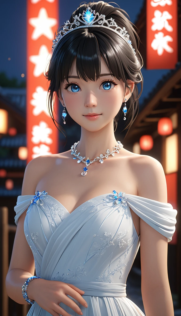 National Science Foundation,masterpiece,High resolution,8K,art,refer,3d,realism,Kyoto Animation Style,Your Name movie style,Looking into the camera,Soft Light,Glowing Skin,超High resolution, Attention to detail, High resolution, 8K, 16K, high quality, 最high quality, Very detailed, Textured skin, Accurate, Anatomically correct, Awards,(1 female: 1.3),(alone: 1.4),(((Black Hair))),美しく光沢のあるBlack Hair,(ponytail),(A woman wearing a beautiful tiara on her head),(Shiny white elegant dress),Elegant dress with Swarovski crystals,(Crystal Hairpin),(Crystal Necklace),(Crystal Earrings),(Crystal Bracelet),(Crystal Ring),Long eyelashes,Thin legs,Upper body close-up,(((medium shot))),(Starry Eyes),(((Pale blue eyes))),Fine and beautiful eyes,Moist eyes,(blush),(shy),(Open your lips slightly and smile),Woman smiling shyly,
