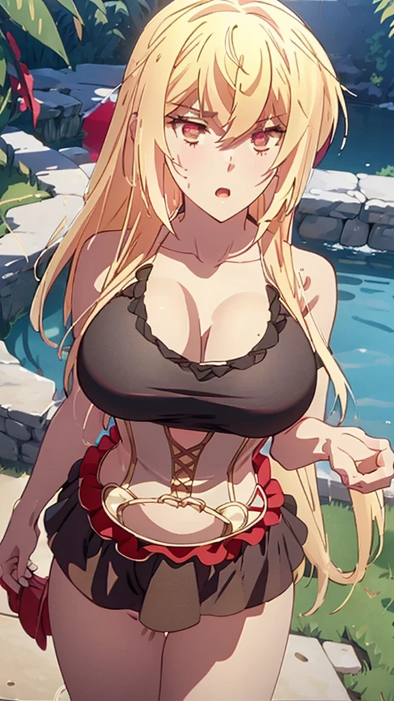 Masterpiece, best quality, highly detailed, highres, 8K, natural lighting, 1 girl, blonde hair, ahoge, ruby eyes, huge breast, black tank top, mini short pants, she wet, sexy pose, outdoor, (Full body shot:1.1) , detailed eyes, perfect eyes colors, detailed eyes, detailed finger shape, the number of fingers is not excessive