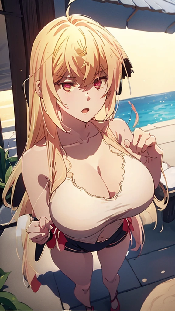 Masterpiece, best quality, highly detailed, highres, 8K, natural lighting, 1 girl, blonde hair, ahoge, ruby eyes, huge breast, black tank top, mini short pants, she wet, sexy pose, outdoor, (Full body shot:1.1) , detailed eyes, perfect eyes colors, detailed eyes, detailed finger shape, the number of fingers is not excessive