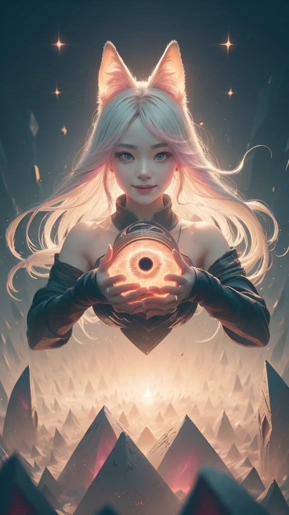 1girl,Solo, Happy smiling official art, Unity 8k wallpaper, Ultra detailed, Beautiful and aesthetic, Beautiful, Masterpiece, Best quality, Kitsune witch, kitsune mask, Pink and white haori jacket, Foxfire spell, The fox is familiar, Transformation,Depth of field,