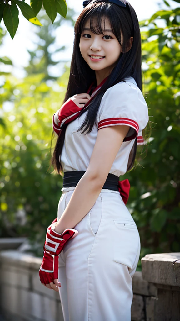 masterpiece, Highest quality,One Girl、nakorurums ,(red bow), bow, Hair length, Hair Ribbon, Ainu clothing, solo, hair band, Black long hair,Smooth and silky hair, Fingerless gloves, Short sleeve, gloves, pants, red hair band, Brown eyes, white pants, A light smile, Official Art,Nature background, serve、High resolution、Dramatic lighting and shadows、Blurred foreground、(Cinema Lighting)、Soft lighting、Cinema Lighting、viewfinder、