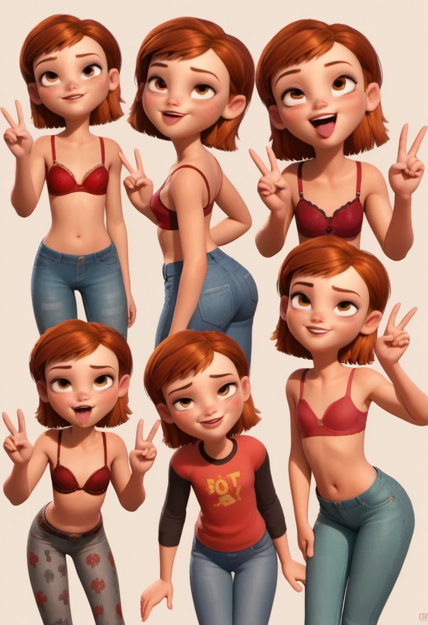 Penny, (Bolt), peace sign, ahegao, tilt your head, ((Red bra)), cowboy shot, coxas nuas, ((short jeans)), 1 girl, alone, salient smile, gazing at viewer, whole body, poses photos, open air, square, best qualityer, no flaws