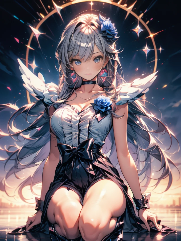 hatsuneMiku、(ultra Realistic), (An illustration), (Highres), (8K), (highlydetailed), (the best illustration), (Beautiful Detailed Eyes), (beste Quality), (Super Detailed), (Master peace), (Wallpapers), (Detailed Face), solo, 1girl, Aristocratic dresses、White hair, Iris heterochromatic eyes, small moles under eye, medium chest, Long legs,Stunning composition,Foot braids,Beautiful and detailed legs