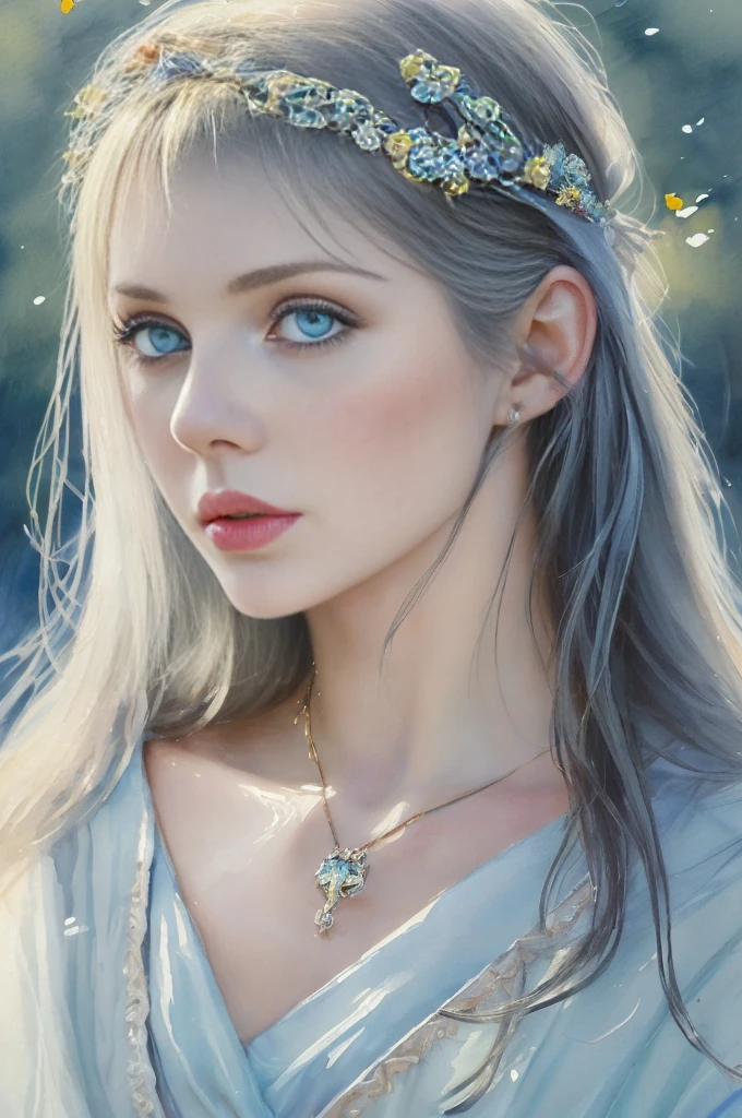 (8K, Highest quality, masterpiece: 1.2), (Highest quality: 1.0), (Ultra-high resolution: 1.0), watercolor, Beautiful woman, (Sparkling Eyes,Blue Eyes),shoulder, head band, Agnes Cecil, Bust, Super bright design, pastel colour, Autumn Light, Moody Gray, Rough style Alexei Savrasov, Ivan Shishkin, Ilya Repin, (Card Retouching: 1.2), 2D, (oil: 1.2) Very detailed