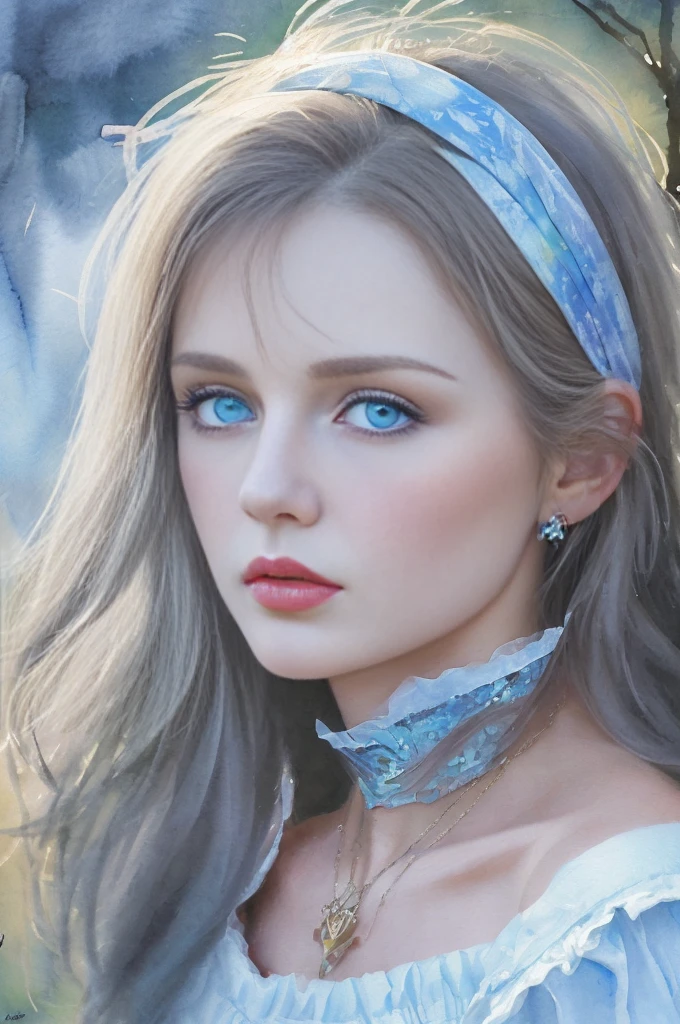 (8K, Highest quality, masterpiece: 1.2), (Highest quality: 1.0), (Ultra-high resolution: 1.0), watercolor, Beautiful woman, (Sparkling Eyes,Blue Eyes),shoulder, head band, Agnes Cecil, Bust, Super bright design, pastel colour, Autumn Light, Moody Gray, Rough style Alexei Savrasov, Ivan Shishkin, Ilya Repin, (Card Retouching: 1.2), 2D, (oil: 1.2) Very detailed