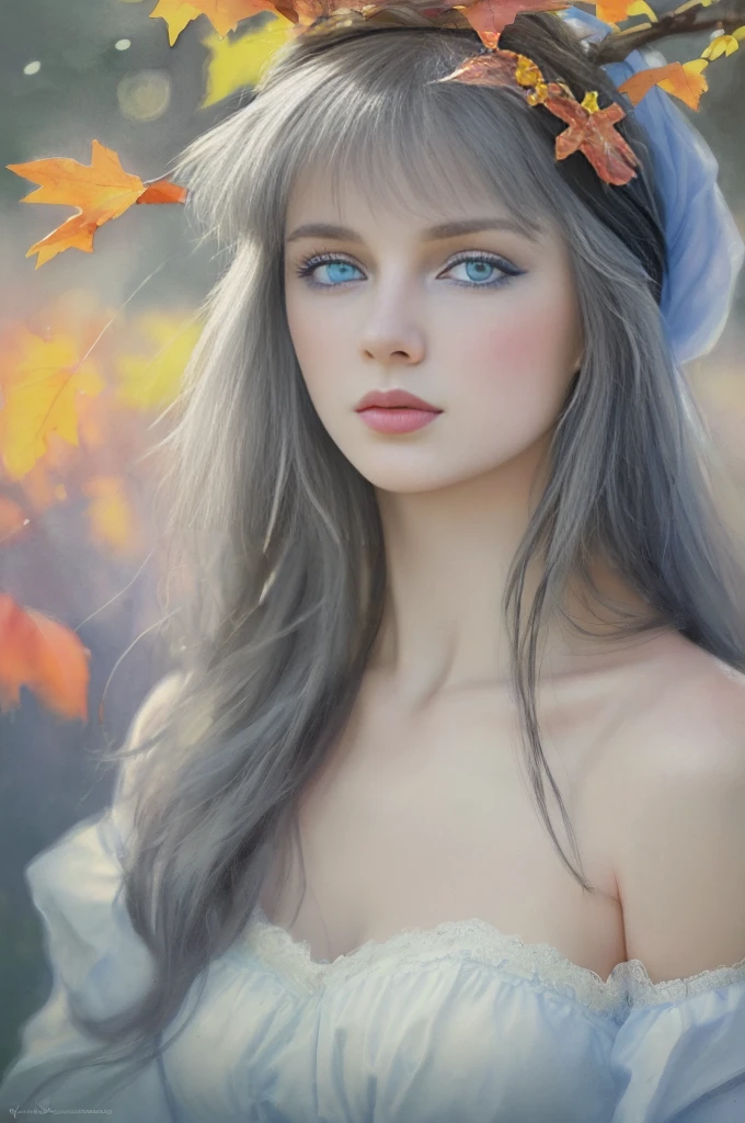 (8K, Highest quality, masterpiece: 1.2), (Highest quality: 1.0), (Ultra-high resolution: 1.0), watercolor, Beautiful woman, (Sparkling Eyes,Blue Eyes),shoulder, head band, Agnes Cecil, Bust, Super bright design, pastel colour, Autumn Light, Moody Gray, Rough style Alexei Savrasov, Ivan Shishkin, Ilya Repin, (Card Retouching: 1.2), 2D, (oil: 1.2) Very detailed