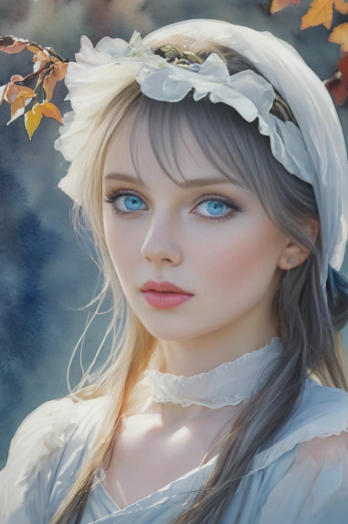 (8K, Highest quality, masterpiece: 1.2), (Highest quality: 1.0), (Ultra-high resolution: 1.0), watercolor, Beautiful woman, (Sparkling Eyes,Blue Eyes),shoulder, head band, Agnes Cecil, Bust, Super bright design, pastel colour, Autumn Light, Moody Gray, Rough style Alexei Savrasov, Ivan Shishkin, Ilya Repin, (Card Retouching: 1.2), 2D, (oil: 1.2) Very detailed