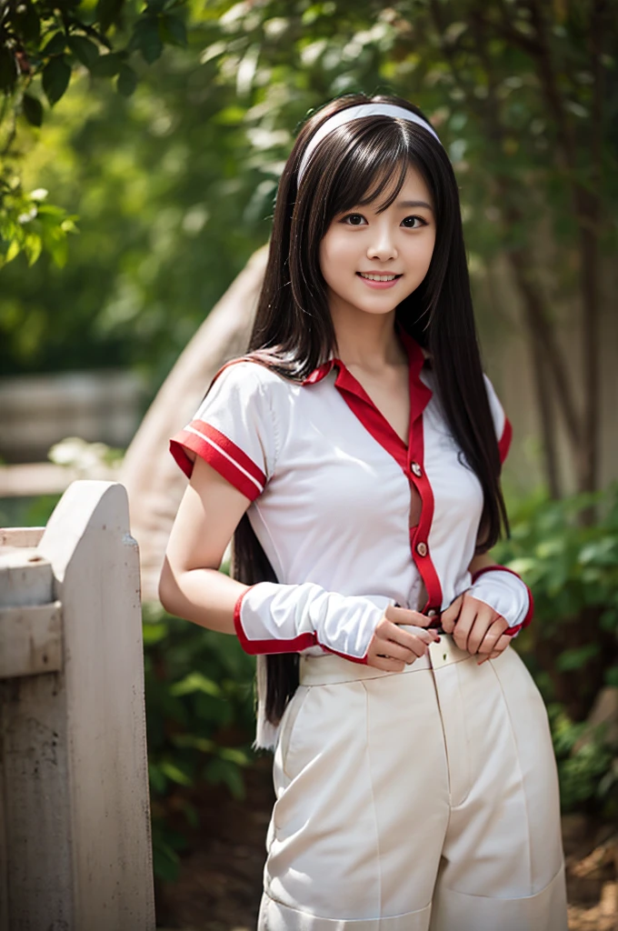 masterpiece, Highest quality,One Girl、nakorurums ,red bow, bow, Hair length, Hair Ribbon, Ainu clothing, solo, hair band, Black long hair,Smooth and silky hair, Fingerless gloves, Short sleeve, gloves, pants, red hair band, Brown eyes, white pants, A light smile, Official Art,Nature background, serve、High resolution、Dramatic lighting and shadows、Blurred foreground、(Cinema Lighting)、Soft lighting、Cinema Lighting、viewfinder、