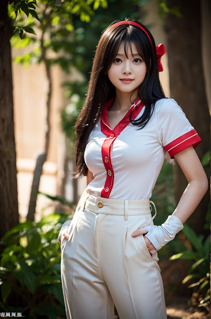 masterpiece, Highest quality,One Girl、nakorurums ,red bow, bow, Hair length, Hair Ribbon, Ainu clothing, solo, hair band, Black long hair,Smooth and silky hair, Fingerless gloves, Short sleeve, gloves, pants, red hair band, Brown eyes, white pants, A light smile, Official Art,Nature background, serve、High resolution、Dramatic lighting and shadows、Blurred foreground、(Cinema Lighting)、Soft lighting、Cinema Lighting、viewfinder、