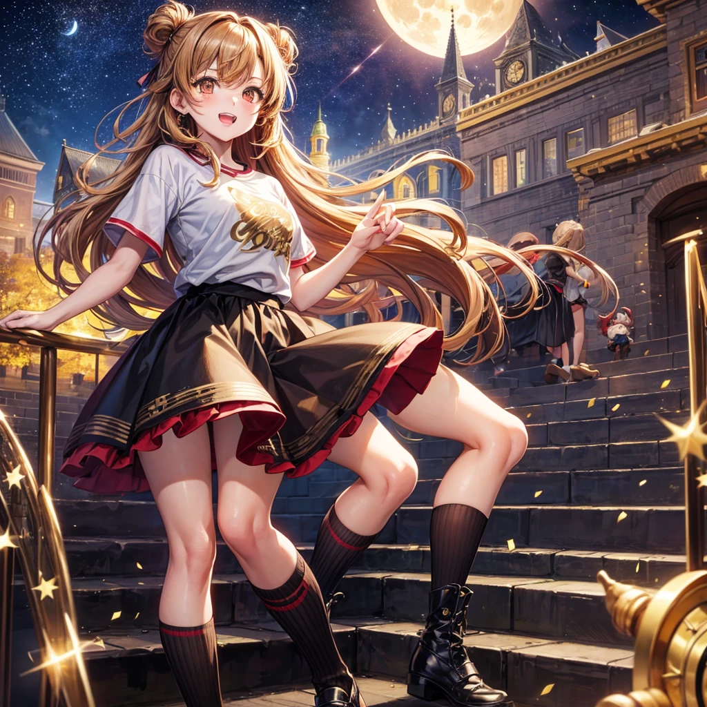 Brown and gold hair、Red gold eyes、Hair tied up、One good looking girl、solo、anime、Checkered mini skirt、Ruffles on the skirt、T-Shirts、Black knee-high socks、Teeth are visible、Starry Sky、Midnight Moon、Confetti、Brick construction、clock tower、Spiral staircase