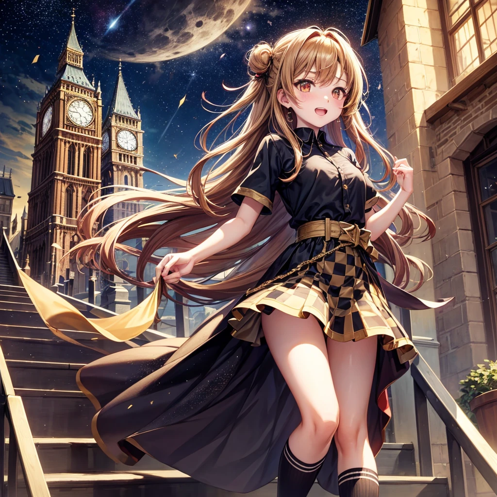 Brown and gold hair、Red gold eyes、Hair tied up、One good looking girl、solo、anime、Checkered mini skirt、Ruffles on the skirt、T-Shirts、Black knee-high socks、Teeth are visible、Starry Sky、Midnight Moon、Confetti、Brick construction、clock tower、Spiral staircase