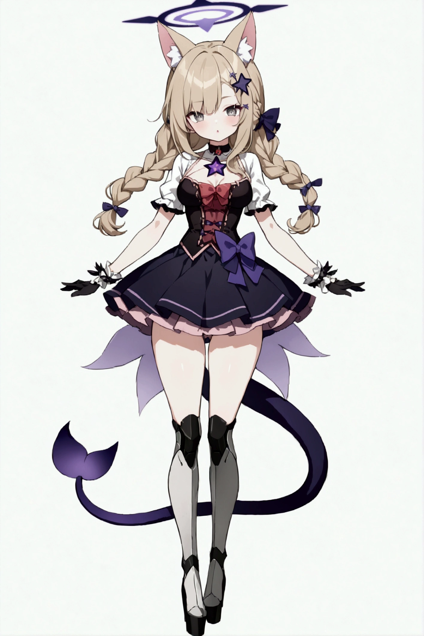 woman 170 cm tall, medium chest, wide hip, slim build, charming look, ((whole body)), (((character design sheet: front view))), (dark blonde hair, ((hip length wavy hair, asymmetrical bangs, star hairpin)), (She has a short braid tied with an elegant purple ribbon on the left side of her hair above her chest), (She has a short braid tied with an elegant purple ribbon on the right side of her hair above her chest), She has small hair bows in the back of her hair), ((Gray eyes with a pink 4-pointed star in the pupil)), (Two black and purple fox ears located on the top of the head), (Luminous black horizontal halo with purple star patterns above head), He has a black collar with a heart emblem on his neck., (Elegant long one piece dress, Thigh-length lace and ruffle skirt, large bow at the back of the hip, ribbon decorations and star patterns on the dress), black ruffled gloves, Black platform heels, gray belt at the waist with a large ribbon with a luminous pink heart in the middle, ((He has a succubus tail that ends in the shape of a purple heart)), (((It has complex mechanical legs that reach up to the thighs and are black with small purple details.))), beautiful detailed hair, beautiful detailed dress, extremely detailed arms, extremely detailed face, small face, Beautiful detailed eyes, beautiful detailed lips, adorable, extremely detailed legs, (Best Quality, 4k, high resolution), ultra detailed, Exquisite and epic character art, ((White background)), (Focus on symmetry).