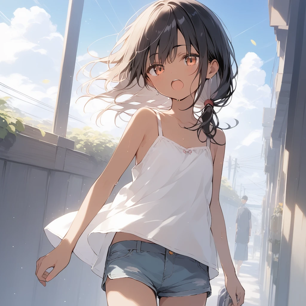 score_9, score_8_up, score_7_up, source_anime, best quality, masterpiece, official art, absurdres, highres, ultra-detailed,waifu2x,Collection: Slice of Life,break,1girl, tomboy, dark-skinned female, short hair, low ponytail, flat chest, beautiful detailed eyes, short shorts, sweat, open mouth, (yawn:0.3), sleepily, outdoors, wind,break,(clear line illustration:1.2), super detailed skin,very high resolution, very aesthetic, Best sexual lighting powered by famous artist, 8k,cute picture,beauty illustration,photoshop_(medium),,(Detailed Lighting),best anime 8k konachan wallpaper, pixiv contest winner,