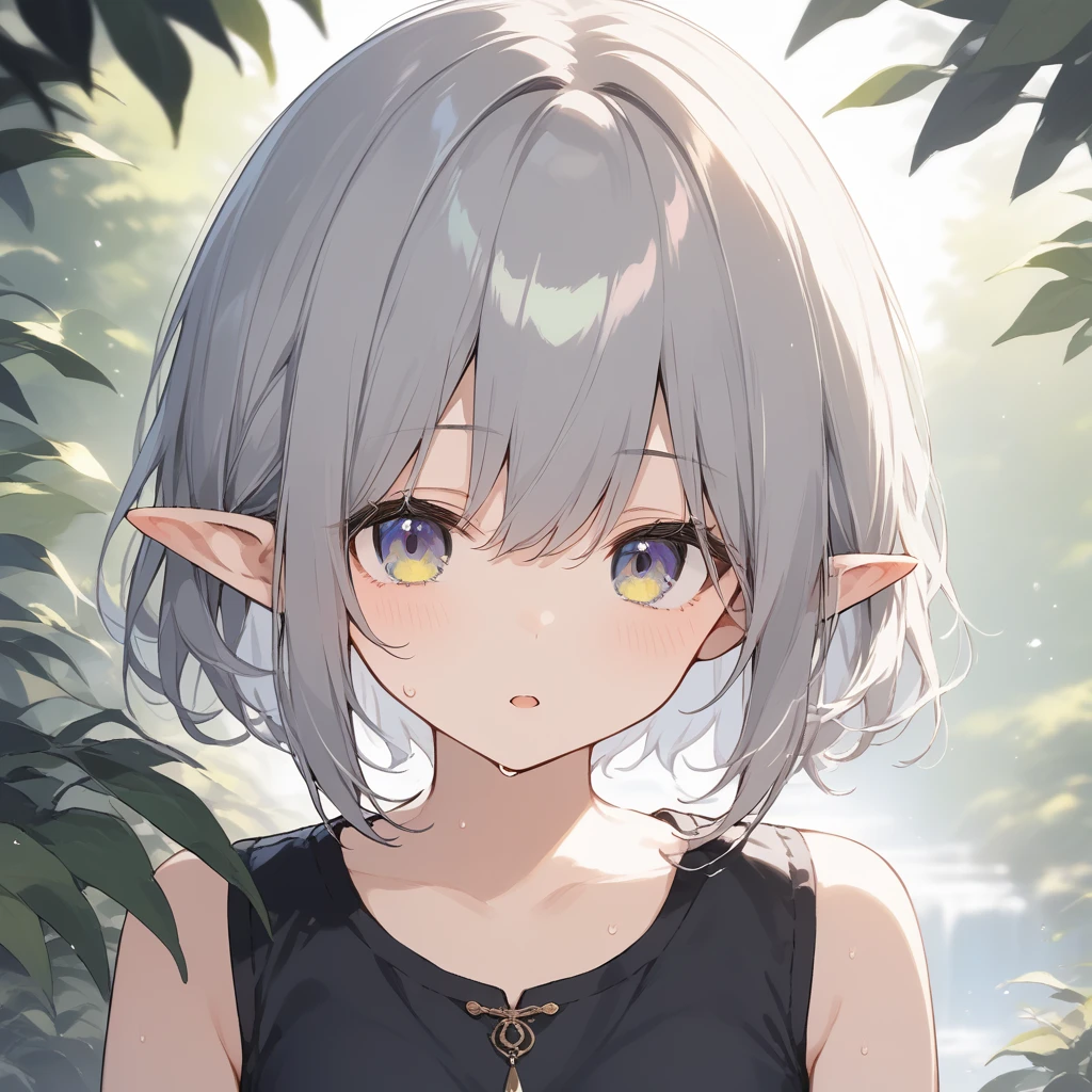 score_9, score_8_up, score_7_up, source_anime, best quality, masterpiece, official art, absurdres, highres, ultra-detailed,waifu2x,Collection: Slice of Life,break,1girl, elf, short hair, slender, androgynous,expressionless, small breasts, beautiful detailed eyes, green shorts, sweat, open mouth, sleepily, outdoors, forest, spring,break,(clear line illustration:1.2), super detailed skin,very high resolution, very aesthetic, Best sexual lighting powered by famous artist, 8k,cute picture,beauty illustration,photoshop_(medium),,(Detailed Lighting),best anime 8k konachan wallpaper, pixiv contest winner,