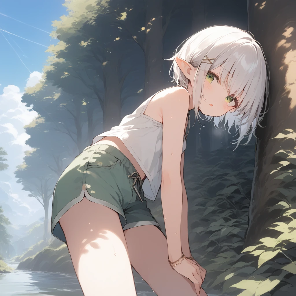 score_9, score_8_up, score_7_up, source_anime, best quality, masterpiece, official art, absurdres, highres, ultra-detailed,waifu2x,Collection: Slice of Life,break,1girl, elf, short hair, slender, androgynous,expressionless, small breasts, beautiful detailed eyes, green shorts, sweat, open mouth, sleepily, outdoors, forest, spring,break,(clear line illustration:1.2), super detailed skin,very high resolution, very aesthetic, Best sexual lighting powered by famous artist, 8k,cute picture,beauty illustration,photoshop_(medium),,(Detailed Lighting),best anime 8k konachan wallpaper, pixiv contest winner, 