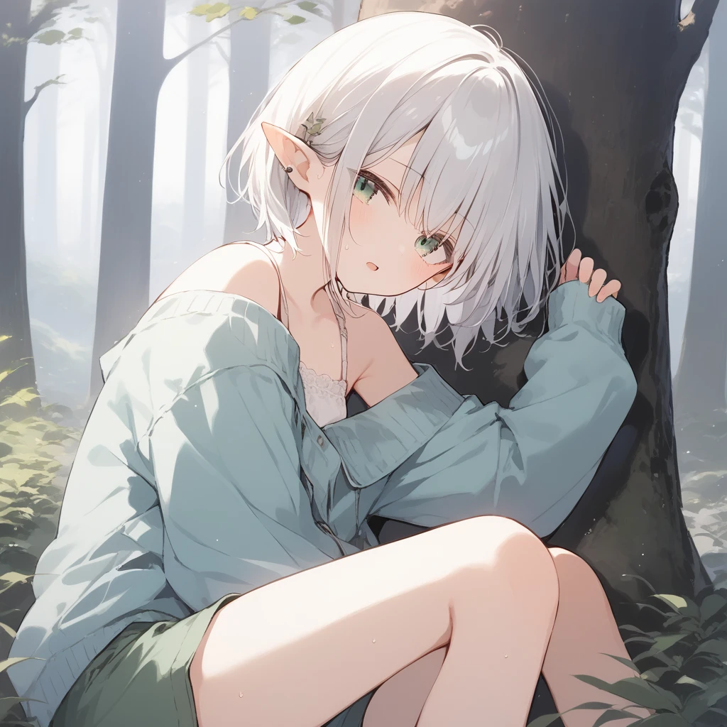 score_9, score_8_up, score_7_up, source_anime, best quality, masterpiece, official art, absurdres, highres, ultra-detailed,waifu2x,Collection: Slice of Life,break,1girl, elf, short hair, slender, androgynous,expressionless, small breasts, beautiful detailed eyes, green shorts, sweat, open mouth, sleepily, outdoors, forest, spring,break,(clear line illustration:1.2), super detailed skin,very high resolution, very aesthetic, Best sexual lighting powered by famous artist, 8k,cute picture,beauty illustration,photoshop_(medium),,(Detailed Lighting),best anime 8k konachan wallpaper, pixiv contest winner,