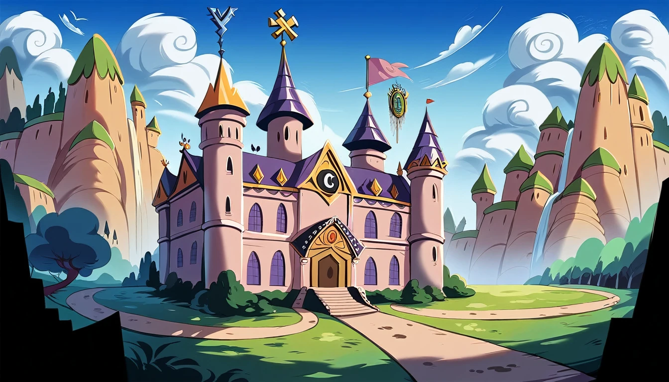 The Arafifs are standing in front of a castle with a clock tower., background is Disneyland castle, Post-apocalyptic Magic Kingdom, Disney!!, Disneyland background, Disneyworld at kingdom hearts, Disney and kyoto animation, Disney land, black dome and spire, Shot with Sony A7R camera, Dry arches and spires, Photo taken with Sony a7r