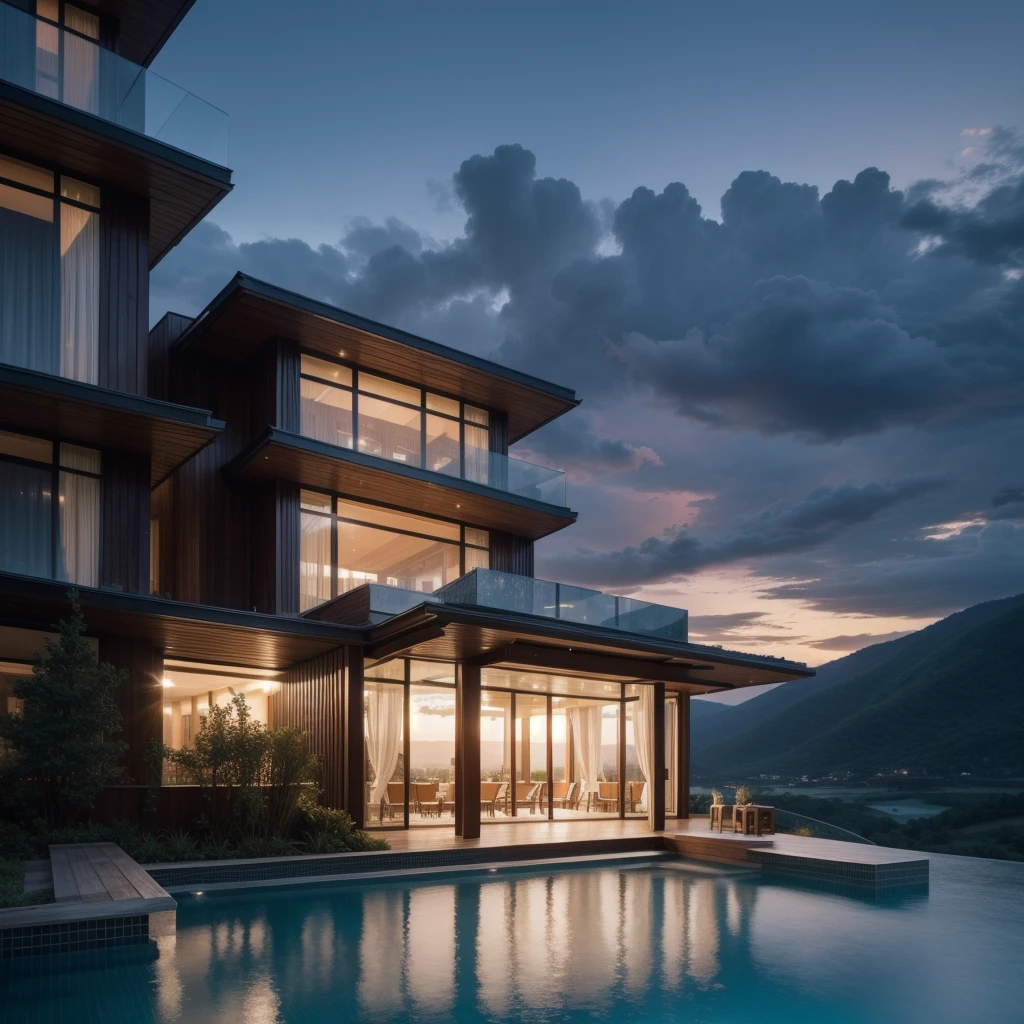 Zaha Hadid style hotel tower with wood and metal texture, hotel with infinity pool, rural landscape at dusk in high quality, 8k UHD