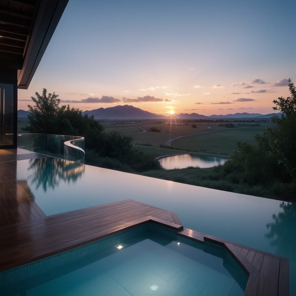 Zaha Hadid style hotel tower with wood and metal texture, hotel with infinity pool, rural landscape at dusk in high quality, 8k UHD