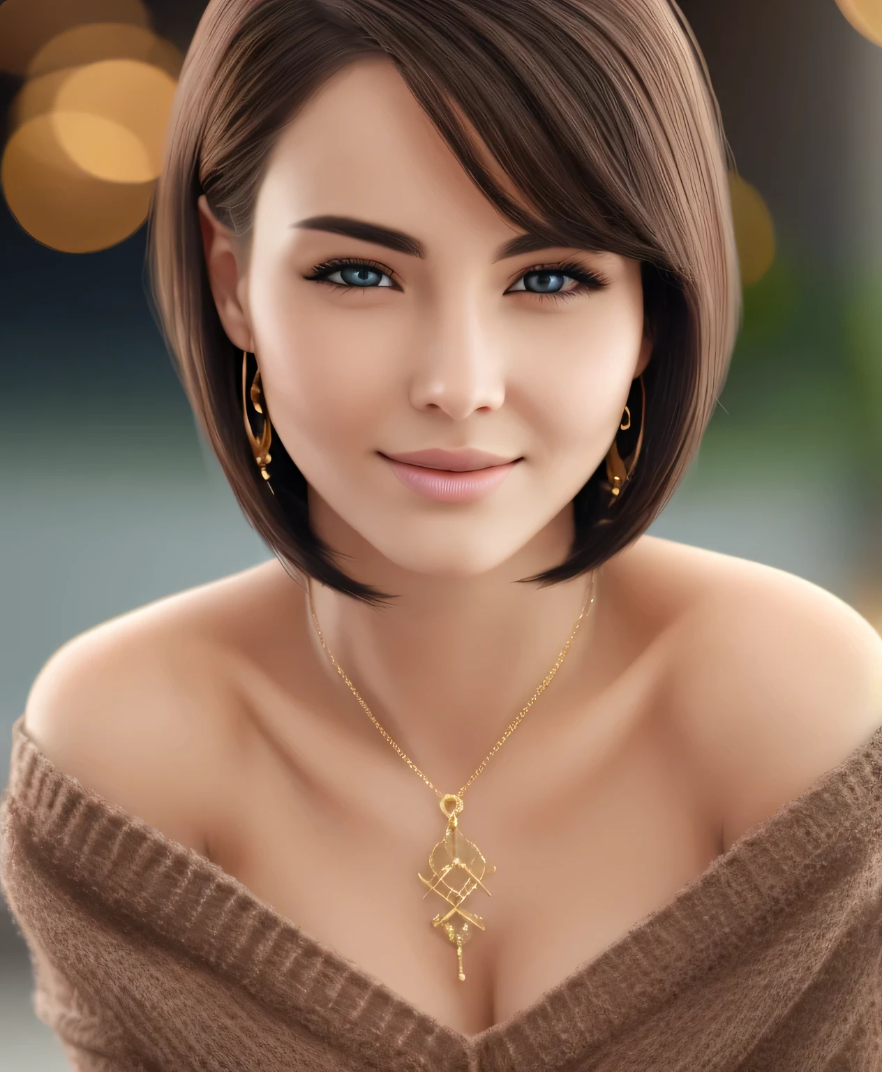 (short hair woman), (off-shoulder sweater, oversized sweater), (hiden short pants), (cross-legged sitting, hands lying on thighs), on bed, medium breasts, deep cleavage, best quality, masterpiece, illustration, very delicate and beautiful, very detailed skin, CG, Unity, 8K wallpapers, amazing, fine detail, highly detailed CG Unity 8K wallpapers, huge file size, high resolution, handsome detailed woman, very detailed eyes and face, Stunning detailed eyes, light on the face, (Best illustration: 1.1), (best shadow: 1.1), ultra high resolution, (photorealistic: 1.1), (photorealistic 1.2:1.1), realistic face proportions,slim,smile,(fluffy black eyes: 1.21), black eyes, looking at the viewer, dark brown hair, earrings, necklaces, hairpins, full body shots, (irregular skin imperfections,veins,moles,skin wrinkles,pores: 1.2), (dark night background: 1.2), (bokeh: 1.4),