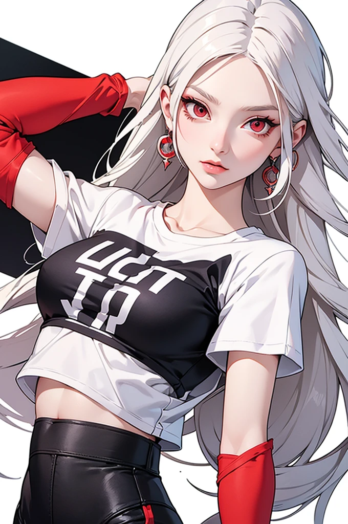 Stunning details, A realistic anime illustration of a tall, slim, Beautiful woman with white hair and red eyes. She exudes an active and vibrant personality, Wearing a cropped T-shirt with a bold graphic and matching pants. Women's shoes are fashionable sneakers, Her overall look is both stylish and energetic. The background suggests an urban environment, With modern architecture and a bustling urban atmosphere.((Crazy breast swelling))