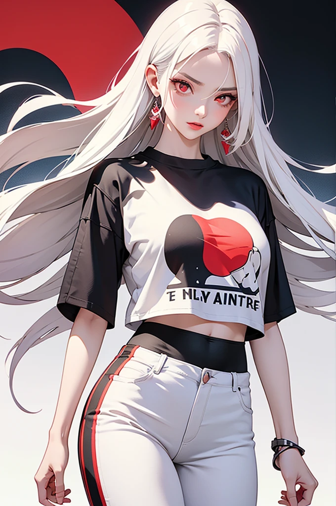 Stunning details, A realistic anime illustration of a tall, slim, Beautiful woman with white hair and red eyes. She exudes an active and vibrant personality, Wearing a cropped T-shirt with a bold graphic and matching pants. Women&#39;s shoes are fashionable sneakers, Her overall look is both stylish and energetic. The background suggests an urban environment, With modern architecture and a bustling urban atmosphere.（（Crazy breast swelling））