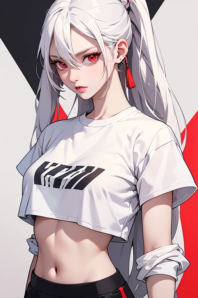 Stunning details, A realistic anime illustration of a tall, slim, Beautiful woman with white hair and red eyes. She exudes an active and vibrant personality, Wearing a cropped T-shirt with a bold graphic and matching pants. Women&#39;s shoes are fashionable sneakers, Her overall look is both stylish and energetic. The background suggests an urban environment, With modern architecture and a bustling urban atmosphere.（（Crazy breast swelling））