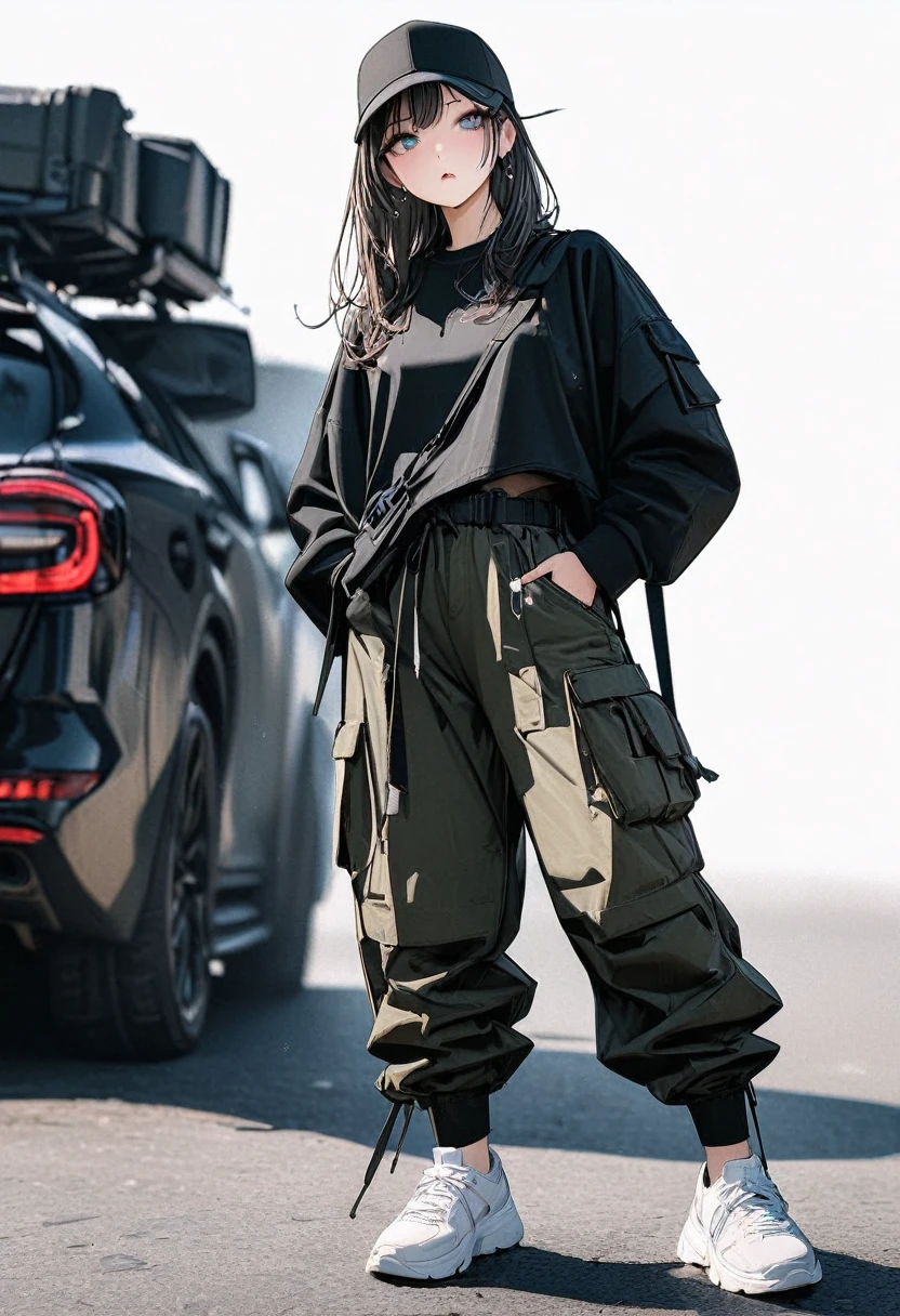 (Masterpiece, highest quality: 1.2, 8K), centered, full body, one girl, street fashion, cargo pants, simple sneakers, simple background, white background, beautiful eyes, eyes open