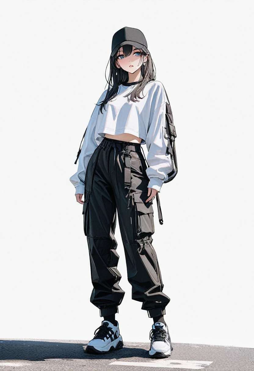 (Masterpiece, highest quality: 1.2, 8K), centered, full body, one girl, street fashion, cargo pants, simple sneakers, simple background, white background, beautiful eyes, eyes open