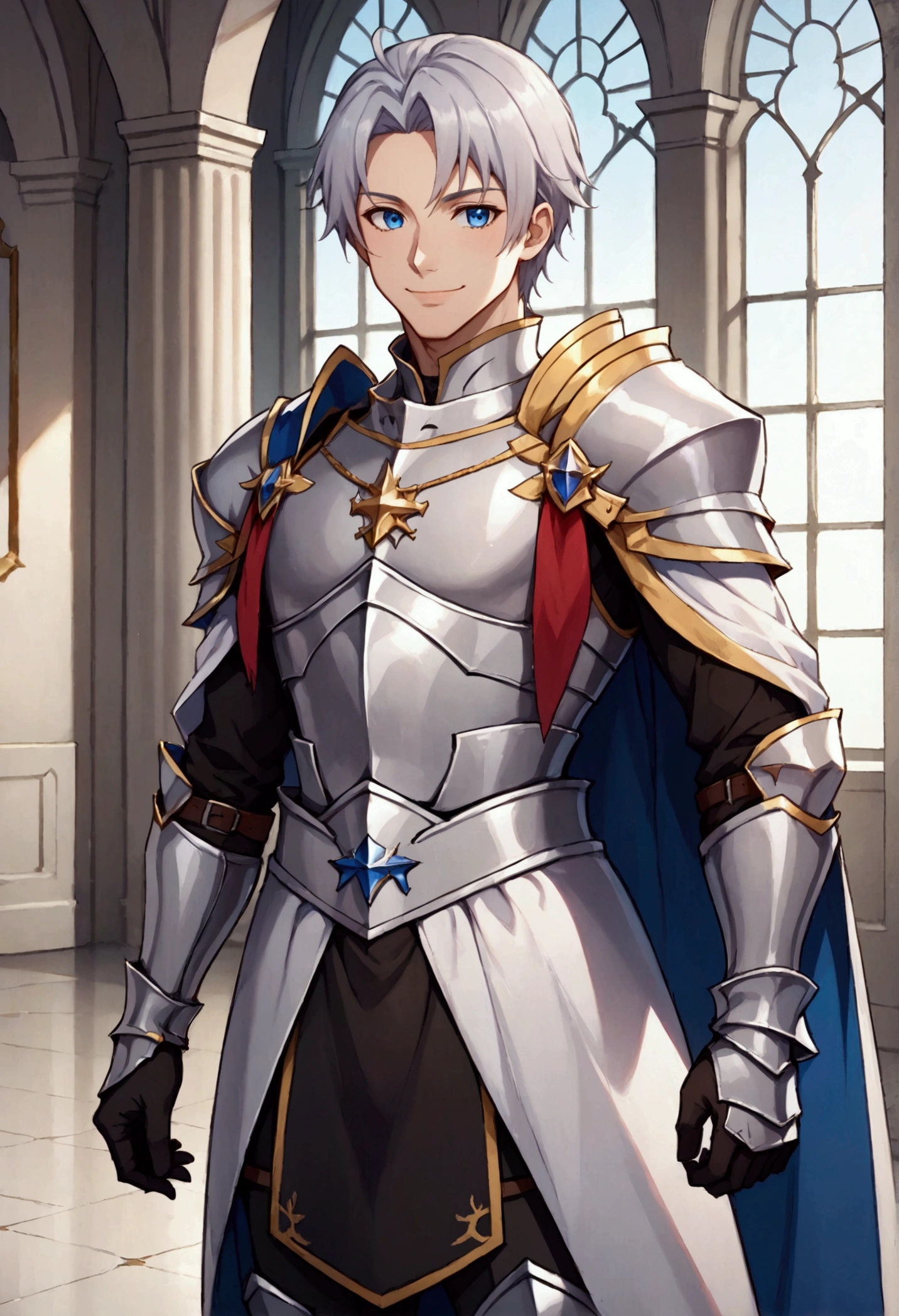 1 man, knight, armored, long silver hair, blue eyes, sword in hand, smiling