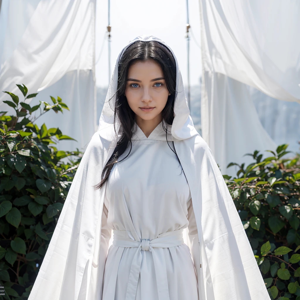 Woman with hands together in prayer, clear blue eyes, black hair, serene face with a slight smile, wears a white cloak, wears a gray tunic with wide, long sleeves adjusted at the waist by a white sash.