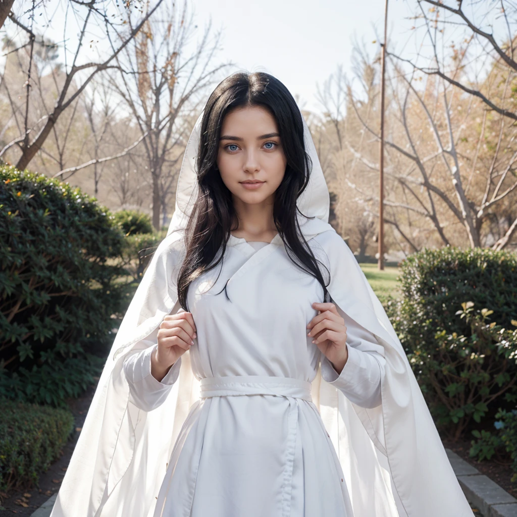 Woman with hands together in prayer, clear blue eyes, black hair, serene face with a slight smile, wears a white cloak, wears a gray tunic with wide, long sleeves adjusted at the waist by a white sash.