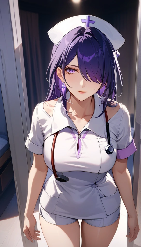 (masterpiece, top quality, best quality, official art, beautiful and aesthetic:1.2),(8k, best quality, masterpiece:1.2), (((masterpiece))),(((best quality))),(((extremely detailed))),illustration,who, (masterpiece, top quality, best quality, official art, beautiful and aesthetic:1.2),(8k, best quality, masterpiece:1.2), (Masterpiece, Best quality, best shadow), (detailed background), 1girl, One, girl, Honkai: star rail, Acheron, purple hair, long hair, shorts, one eye hidden behind hair, hair over one eye, purple eyes, nurse uniform smooth, nurse, nurse hat, stethoscope,