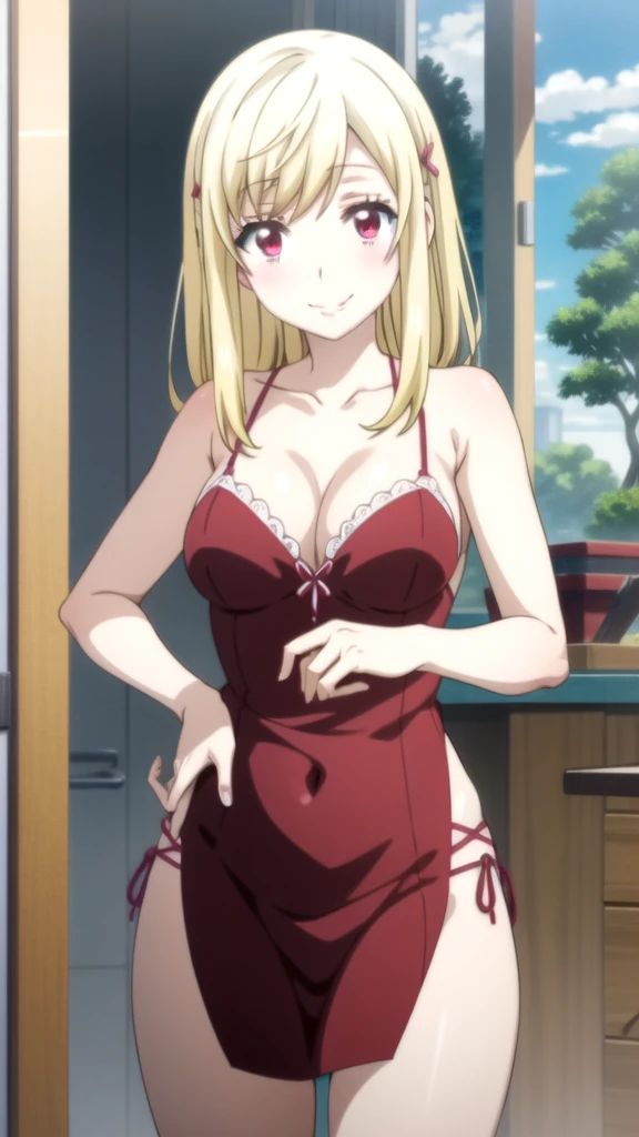 Anime girl in red lingerie posing in a room with a window., seductive anime girl, Deity, perfect girl , oppai, , beautiful and seductive anime woman, Best Anime Girl, visual anime of a cute girl, female anime character, beautiful seductive anime , attractive anime girl, official anime artwork, artistic style anime moe Yamada mocking smile_yellow, 1chica , by rubio, alone, wide, hair ornament, , smile, bow, red eyes my dress darling anime, beautiful seductress anime anime